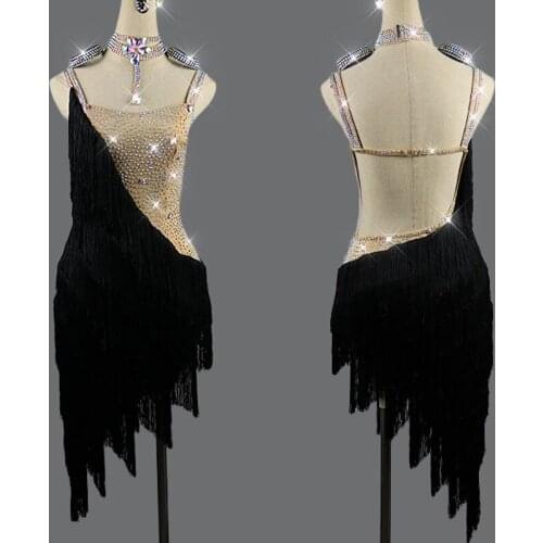 2019 Latin Dance Dress Women Shiny Rhinestone Dress Cha Cha/Rumba/Tango Wear Black Tassels Fringe Dress Sexy Dance Dress VD396
