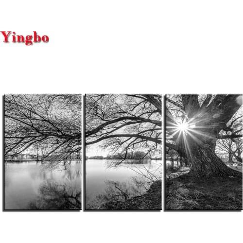 3 Pcs full square 5d diy diamond painting Lakeside Big Trees Black White Landscape 3d cross-stitch diamond embroidery mosaic kit