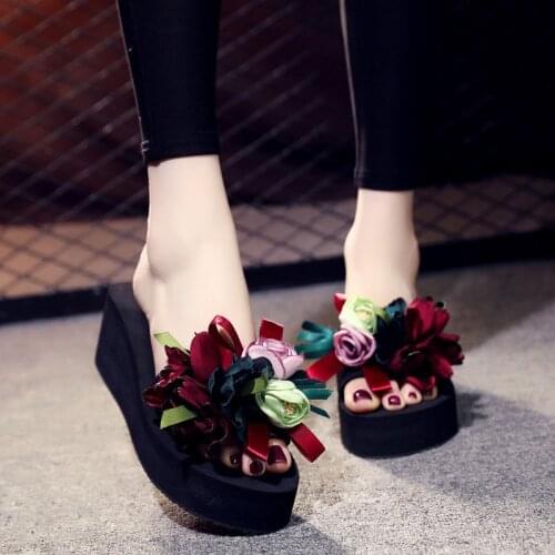 Bohemian Floral Wedge Slippers Brands Women Mules Heels 6/3CM Womens Shoes Woman Yellow Plus Size Home Platform Slippers Indoor