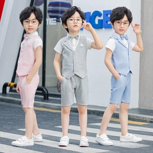Summer Slim Formal Baby Boys Vest Clothing Sets For Wedding School New Brand Children Vest Shorts Shirt Tie 4Pcs Outfits,F115