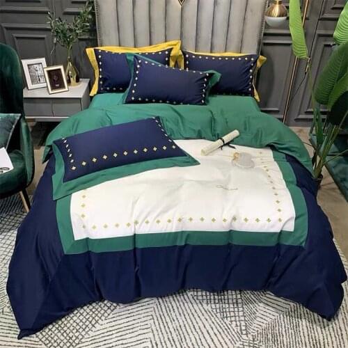 American British Style Bedding Set Color-blocking Pure Cotton Embroidery Four-piece Bedding Light Luxury Duvet Cover Sheet