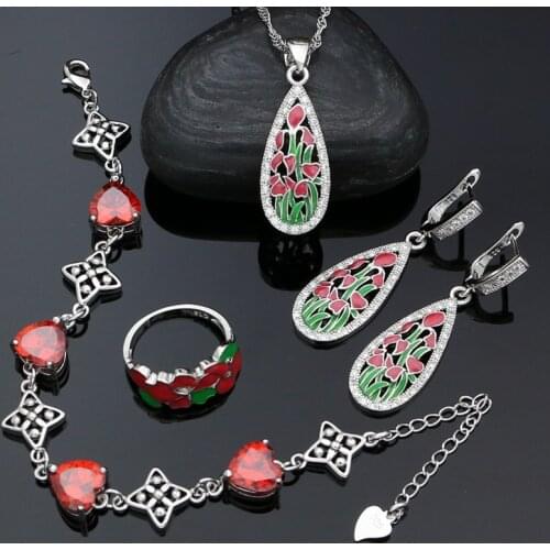 Water Drop Jewelry Colorful Enamel 925 Sterling Silver Jewelry Set for The Bride Wedding Ring Earrings Pendant Necklace Bracelet