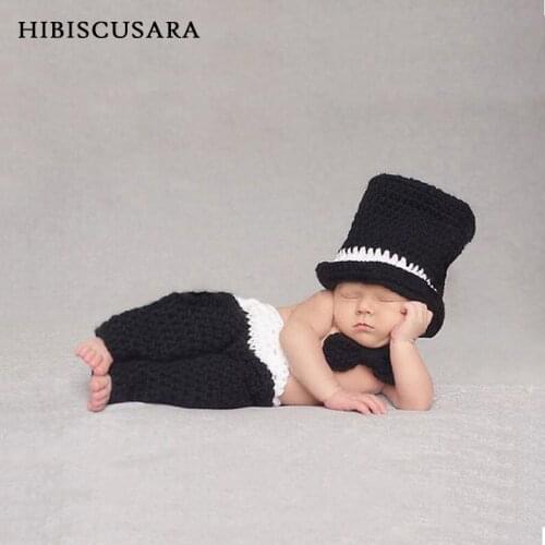 Newborn Boy Photography Clothing Sets Costumes Baby Handmade Knitted Woollen Outfits Gentleman 3pcs Sets With Hat Bow Tie