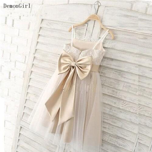 Lace Top Little Girl Tulle Dresses Knee Length Big Satin Bow Children Wedding Party Gown Custom Made