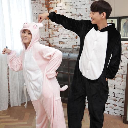 Soft Fabric Flannel Warm Pig Nightwear Hooded Onsie Pyjamas Couple Pajamas Women Onesie Sleepwear Kigurumi Clothes