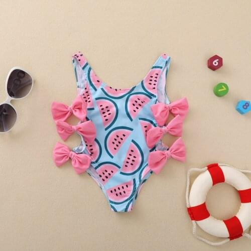 2021 Summer New Toddler Newborn Cute Swimsuit Baby Girl Watermelon Print U-shaped Neck Swimwear with Bowknot for 0-4T