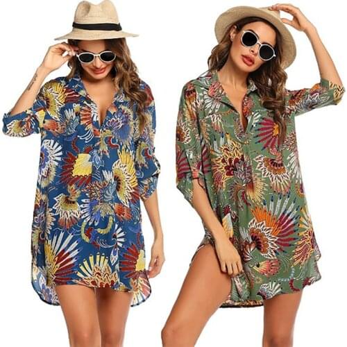New Beach Cover Up Print Bikini Cover Up Women Beach Shirt Summer Beach Dress Ladies Tunic Plus Size Swimsuit Cover Up Beachwear