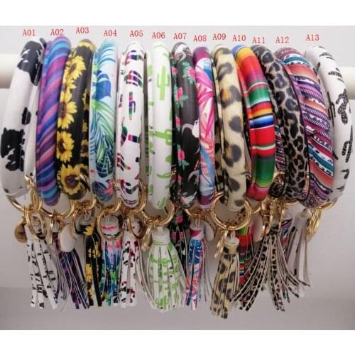 Sunflower Cactus Monogrammed Keychain Wholesale Personalized Enamel Disc Big O Wristlet Bracelet Tassel Keyring Gifts SN2002