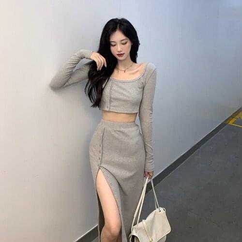 Casual skirt suit 2021 autumn big U-neck short crop top + slim high waist slit half skirt two-piece fashionable womens clothing