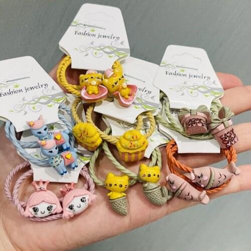 14Pcs/Set Girls Cute Cake Sheep Cat Rubber Elastic Hair Bands Children Ponytail Holder Scrunchie Headband Kids Hair Accessories