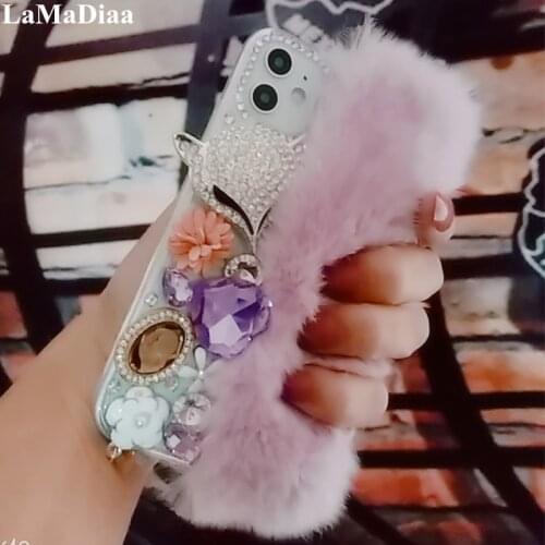Luxury Warm Fluffy Rabbit Fur Bling Diamonds Fox Jewelry Soft Case Cover For SamsungA3 A5 A7 2017 A9 A8 A6 PLUS A50 A70 A80 Capa