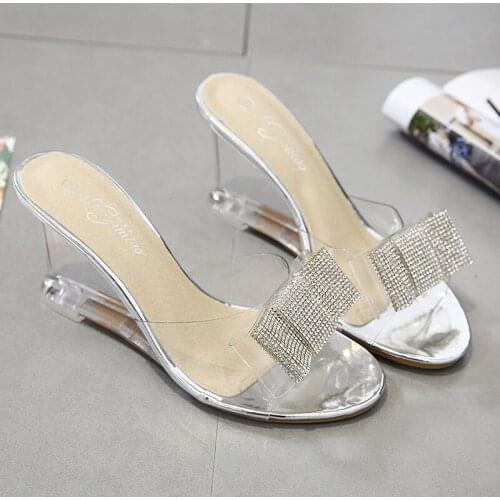 Women Crystal Sandals Wedge Sandals Summer Sexy Crystal Transparent High Heels Glass Rhinestone Lady Sexy Sweat Dress Shoes