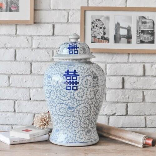 Blue And White porcelain temple Jar With happiness pattern decorative ceramic Ginger jar with lid