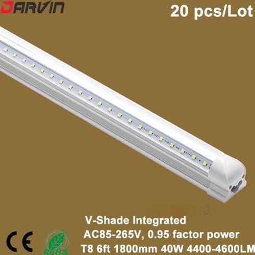 T8 V-Shade Tube 6ft 1800mm 180cm 40W 288leds 4400lm Led Light Fluorescent AC85-265V 110V 220V Free Shipping
