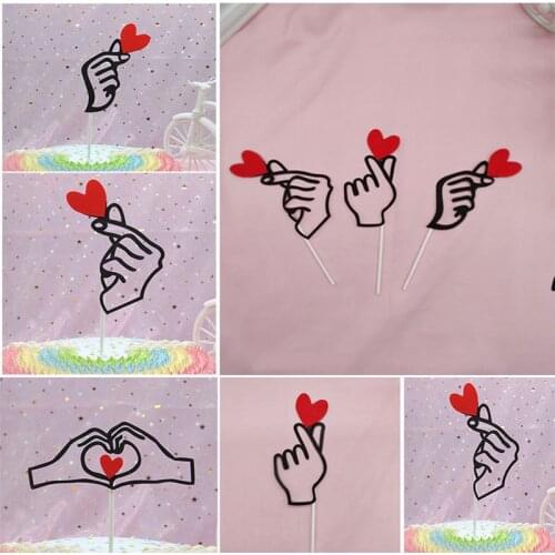 New Happy Valentines Day Cake Topper Love Heart Gesture Wedding Cupcake Topper For Anniversary Wedding Party Cake Decorations