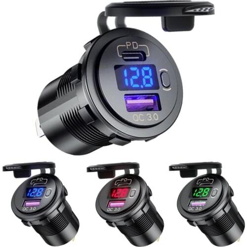 48W 12V/24V Motorcycle Charger Socket Type C PD+QC 3.0 Fast Charging LED Voltmeter Car Lighter Socket For Car Truck SUV RV Boat