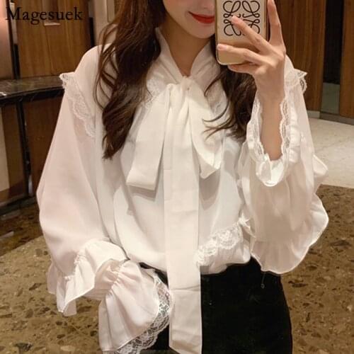 Summer Bow Collar Solid Blouse Women Elegant Lace Up Lace Patchwork Loose OL Shirt Flare Long Sleeve Ruffle Blusas New Top 14697