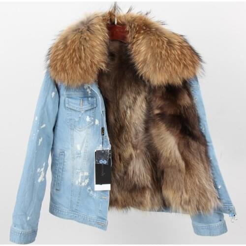Denim Jacket Natural Raccoon Fur Detachable Lining Real Raccoon Fur Collar Womans Hole Cowboy Short Coat Maomaokong 2021 New