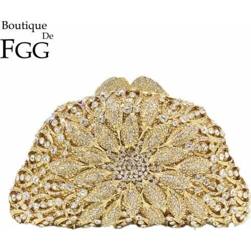 Boutique De FGG Elegant Women Flower Clutch Bags Rhinestones Evening Bag Hard Case Bridal Wedding Crystal Purses and Handbags