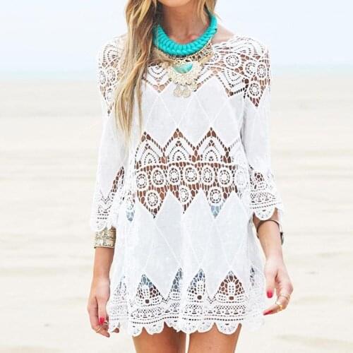 Women Swimsuit Lace Hollow Crochet Beach Bikini Cover Up 3/4 Sleeve Tops Swimwear Summer Beach Dress White Beach Shirt 2 Styles