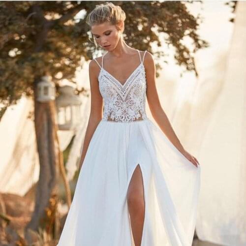 Wedding Dress Boho 2021 Spaghetti Strap Sleeveless Side Slit Bohemian Bridal Gowns Lace Appliques Chiffon Floor Length Elegant