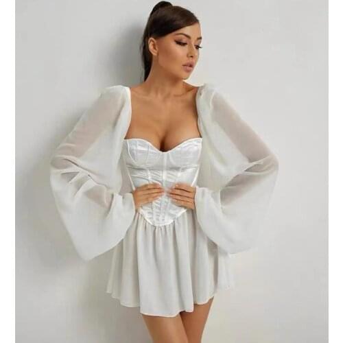 Women Bodycon Dress Female Lantern Sleeve Y2K Corset Chiffon Dresses Outfit Sexy Party Mini White Dress 2021