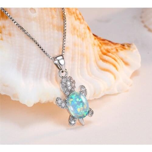 Boho Female Oval Opal Pendant Necklace Dainty Silver Color Chain Necklaces For Women Cute Crystal Tortoise Long Wedding Necklace