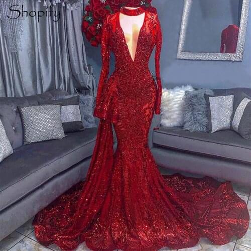 Sexy Mermaid Long Sleeve Red Sparkly Sequin Floor Length African Black Girls Long Prom Dresses 2021 With Train