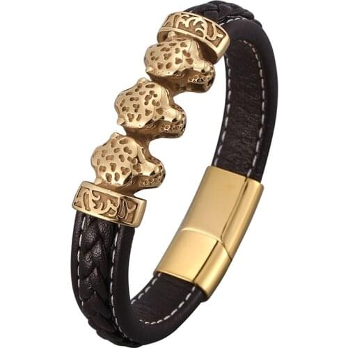 Golden Stainless Steel Leopard Head Bracelets Men Brown Leather Rope Chain Wristband Magnetic Buckle Bangles Punk Jewelry PD0840