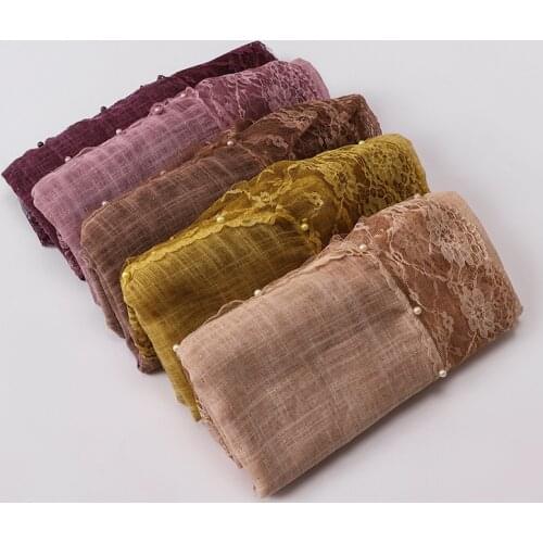 10PCS Women Bubble Chiffon Scarf Hijab Pearl Lace Tassels Shawls Headband Hijabs Scarves Scarf 12 Colors