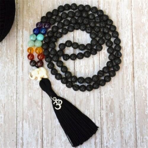8mm Black Lava Stone 108 Beads 7 Chakras Tassel Necklace Classic Tibetan Spiritua Mala Wristband Yoga Japa