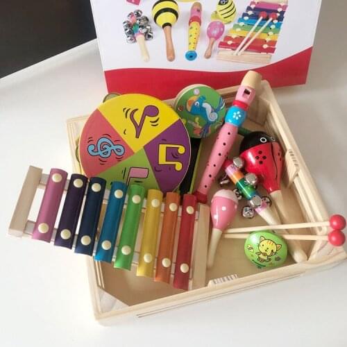9PCS/BOX 2020 New Toy Xylophone Rattle drum Montessori Educational Toy Wooden Harmonica Kids Baby Musical Funny Toys