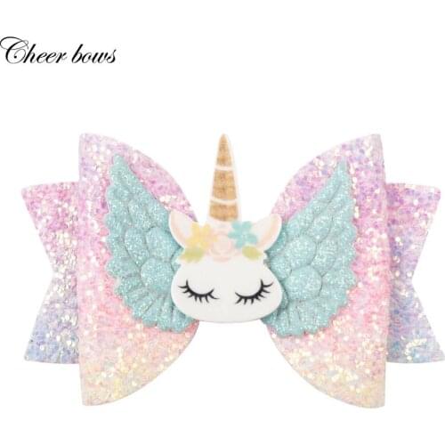 Hair Accessories 3" Chunky Glitter Hair Bow For Kids Cute Unicorn Wings Hairpins Girls Hair Clip Handmade Child Hair Accessories