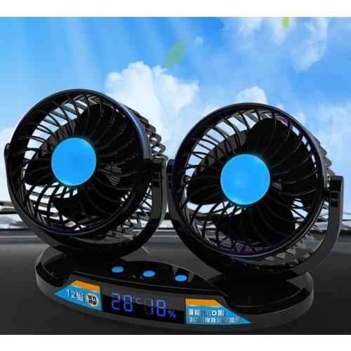 Car Fan 12V 24V Vehicle Dashboard Fan 5inch 12 Speeds and 360 Rotatable Cooling Fan with Temperature Humidity LED