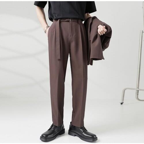 Men Belt Loose Casual Pants Korean Streetwear Chic Fashion Office Dress Trousers High Quality Male Straight Pant