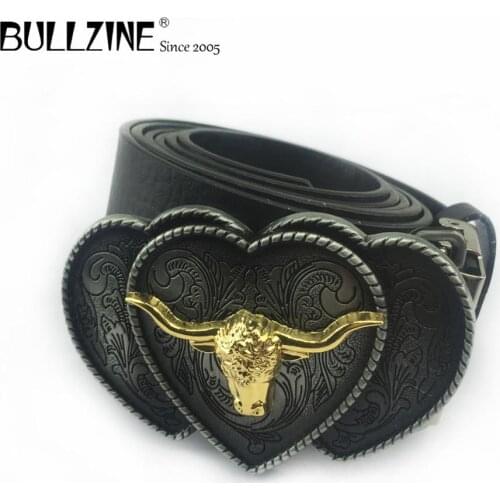 Bullzine western bull head belt buckle heart belt buckle pewter finish with PU belt with connecting clasp FP-03722 drop shipping