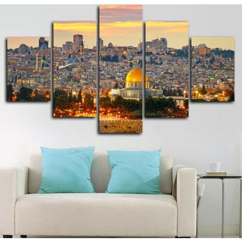 Jerusalem Sunset View Islamic 5 Panel Canvas Picture Print Wall Art Canvas Painting Wall Decor for Living Room Poster No Framed