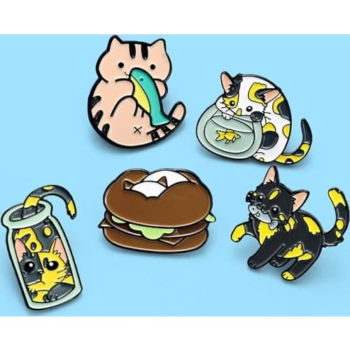 Cartoon Cute eating fish cat burger cup spotted cat brooch badge enamel backpack lapel pin hael pin hat jewelry gift for friends
