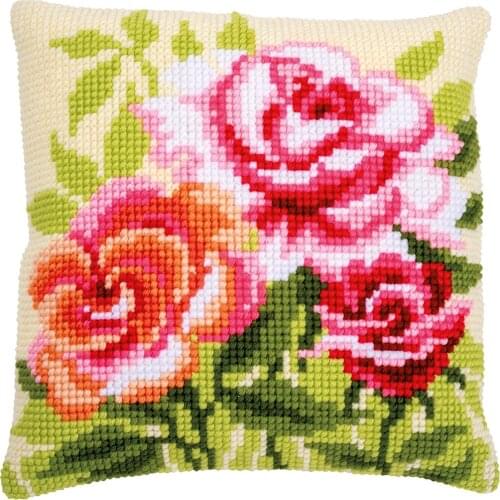 DIY Cross Stitch Cushion Cover Rose Bouquet Needlepoint Kits Printed Canvas Chunky Yarn Cross-stitch Pillow Case Arts & Crafts