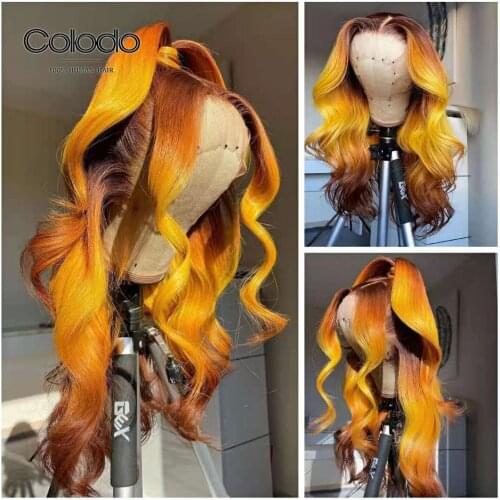COLODO Lace Front Wigs Yellow Brown Ombre Wig Pre Plucked Brazilian Remy Body Wave Lace Front Human Hair Wigs For Women