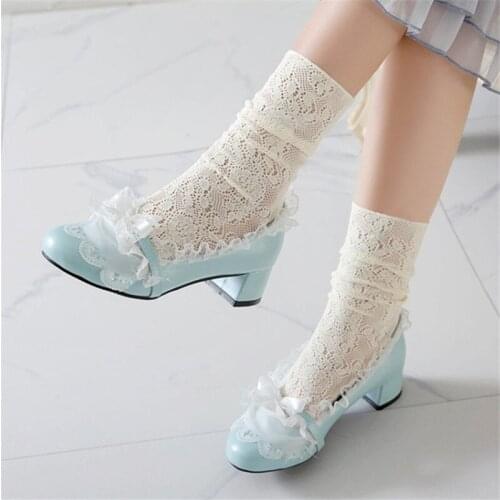 PXELENA Japanese JK Princess Lolita Shoes Lace Ruffles Chunky Med Heels Cosplay Student Uniform Wedding Shoes Women Girls White