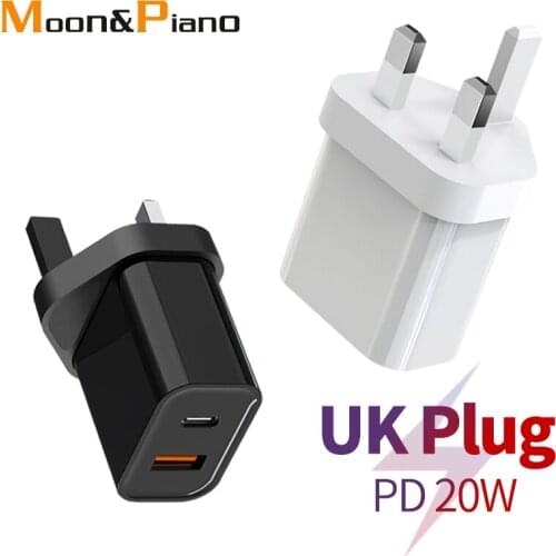 UK Charger Type-c USB Dual Ports PD Fast Charging Wall 20W Travel Ireland Singapore Maldives Malaysia Dubai Kenya India