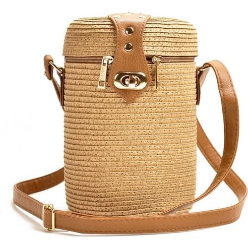 Bucket-shaped Pp Grass Casual Woven Womens Bag Retro Messenger Straw Beach Bag