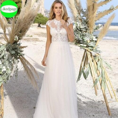 Wedding Dress Cap Sleeve Vestidos De Novia Vintage A-Line Lace Appliques Robe Mariage Bride Gown 2021 Trouwjurk Boda Botton Back