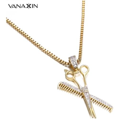 VANAXIN Scissor Comb Necklaces & Pendants Punk Jewelry Hair Hairdressing Stylist Vintage Jewelry Barber AAA CZ Shiny Necklace
