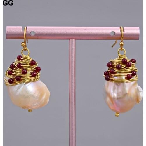 GuaiGuai Jewelry 16x26MM Natural Pink Keshi Pearl Garnet Hook Earrings