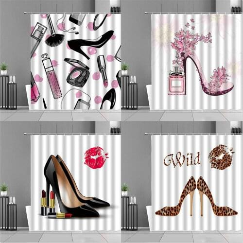 Sexy Red Lips Leopard Print High Heel Shower Curtain Cosmetic Perfume Pink Girl Bedroom Bathroom Decor Cloth Waterproof Curtains