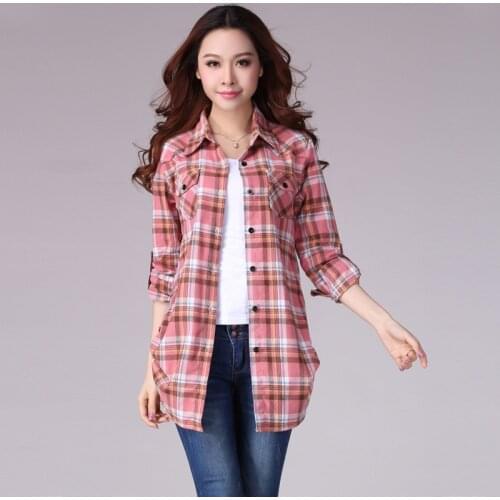 Ladies Vintage Plaid Shirt Tops Long Sleeve Cotton flannel Oversize Long Checked Shirt for Women 5xl 6xl
