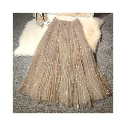 2019 Fashion New Spring and Summer Beautiful Embroidered Bright Stars Sequins Long Gauze Skirt Womens Shiny A-lien Skirts
