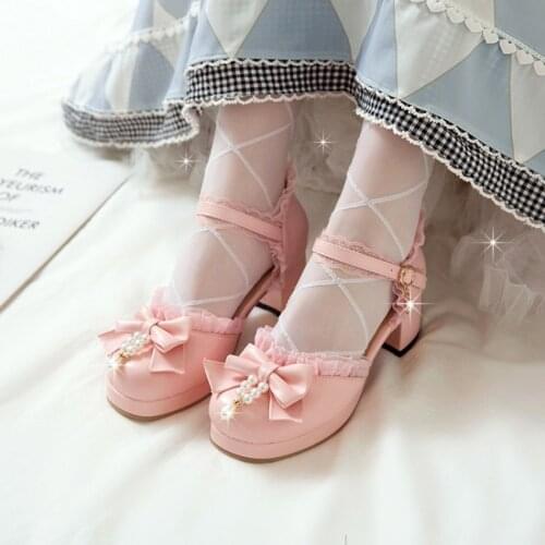 OLOMLB Womens Lolita Round Toe Bowknot Lace Kawaii Cosplay Mid Heel Shoes Ankle Belt Plus Size 34-48 Mary Janes Sweet New 2021